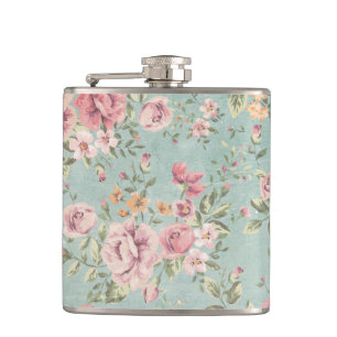 Vintage shabby chic floral teal pink girly elegant hip flask