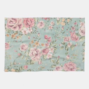 Vintage shabby chic floral teal pink girly elegant tea towel