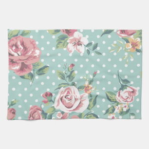 Vintage shabby chic floral teal pink girly tea towel