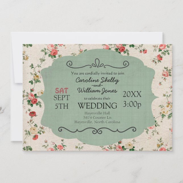 Vintage Shabby Chic Floral Wedding Invitation (Front)