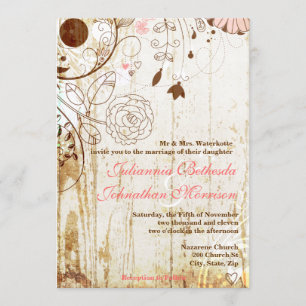 Vintage Shabby Chic Floral Wood Wedding Invitation