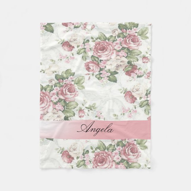 Vintage Shabby Chic Flowers-Personalized Fleece Blanket (Front)