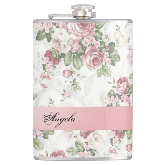 Vintage Shabby Chic Flowers-Personalized Hip Flask (Front)