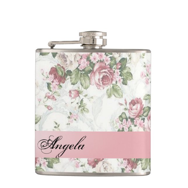 Vintage Shabby Chic Flowers-Personalized Hip Flask (Front)