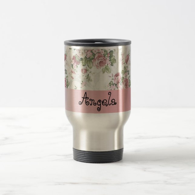 Vintage Shabby Chic Flowers-Personalized Travel Mug (Center)