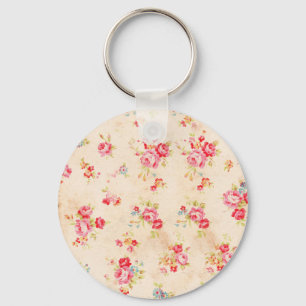 Vintage Shabby Chic Girly Pink Blue Roses Floral Key Ring
