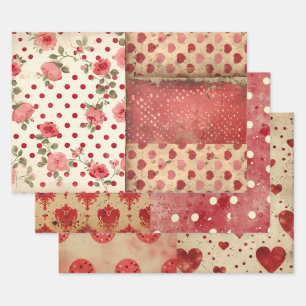 Vintage Shabby Chic Half Mix Red Floral Heart Spot Wrapping Paper Sheet