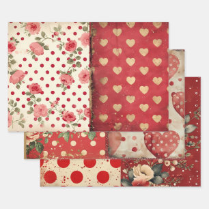 Vintage Shabby Chic Half Mix Red Floral Heart Spot Wrapping Paper Sheet