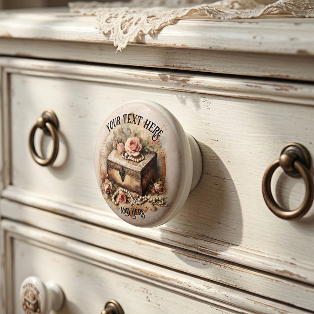Vintage Shabby Chic Jewellery Pink Roses Ceramic Knob (Vintage style ceramic drawer knob featuring a Victorian jewelry chest with peach roses and pearls)