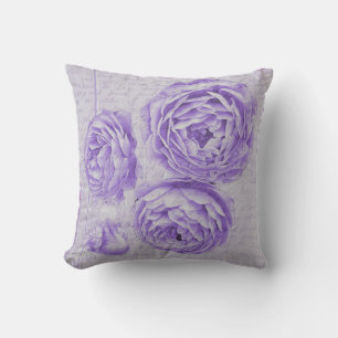 Vintage Shabby Chic Lilac Roses on Antique Script Cushion