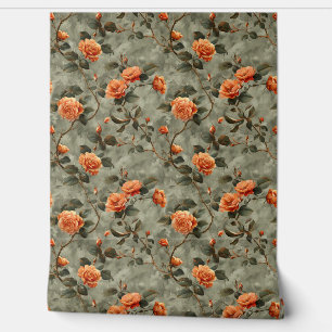 Vintage shabby chic orange roses sage greenery wallpaper