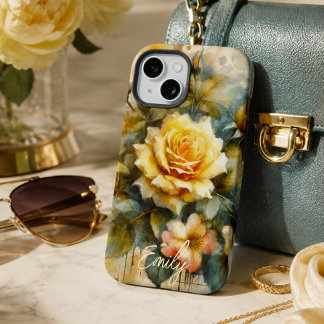 Vintage Shabby Chic Pale Yellow Rose Custom Name iPhone 15 Case