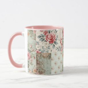 Vintage Shabby Chic Pastel Green Florals Patchwork Mug