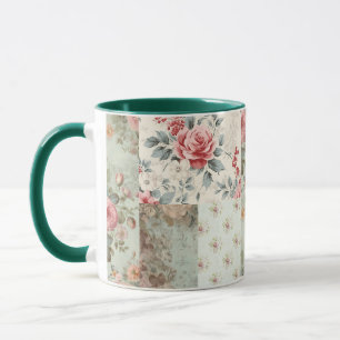 Vintage Shabby Chic Pastel Green Florals Patchwork Mug
