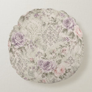 Vintage Shabby Chic Pink and Lavender Roses Lumbar Round Cushion