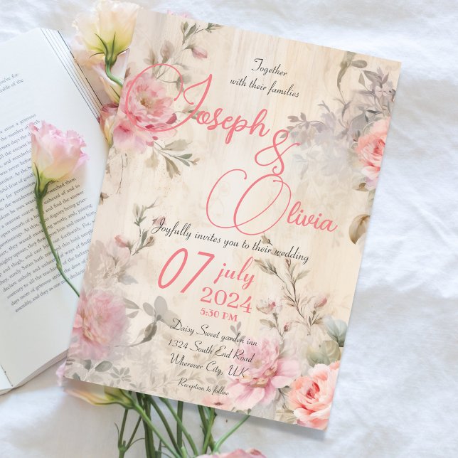 Vintage shabby chic pink floral wedding invitation (Creator Uploaded)