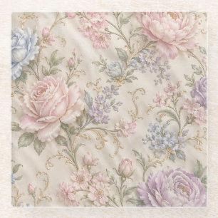 Vintage Shabby Chic Pink Peony Rose Floral Glass Coaster