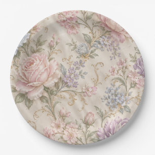 Vintage Shabby Chic Pink Peony Rose Floral Paper Plate