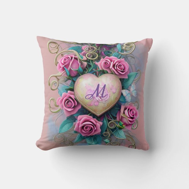 Vintage Shabby Chic Pink Rose and Heart Cushion (Front)