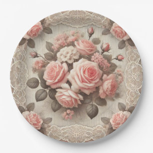 Vintage Shabby Chic Pink Rose Floral Paper Plate