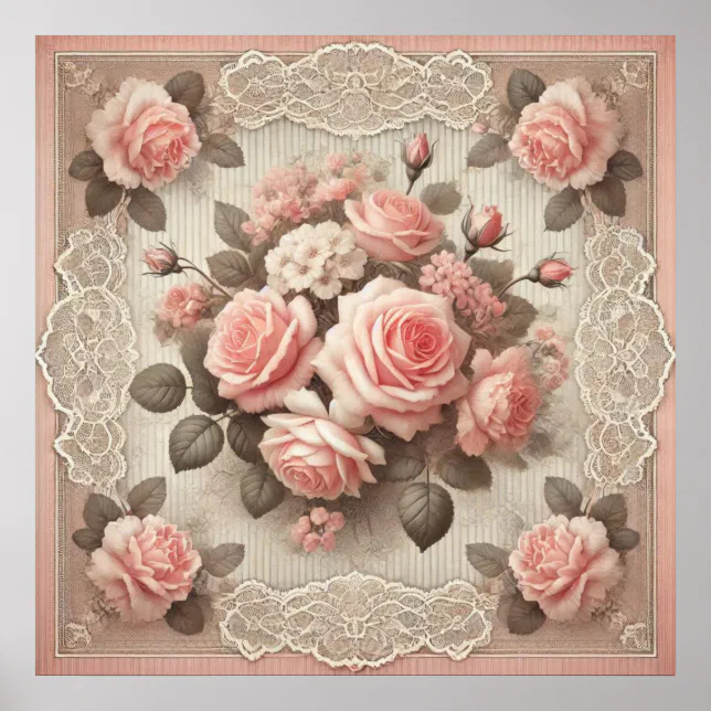 Vintage Shabby Chic Pink Rose Floral Poster | Zazzle