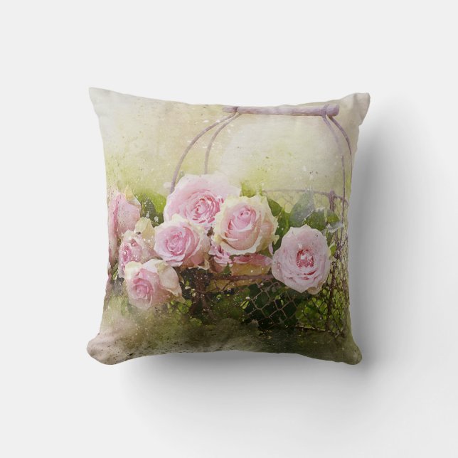 Vintage Shabby Chic Pink Roses In Basket Cushion (Front)