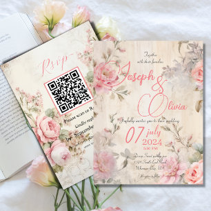 vintage shabby chic pink with rsvp qr wedding invitation