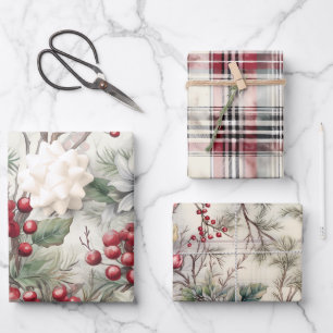 Vintage Shabby Chic Plaid Floral 3 Pattern Mix Wrapping Paper Sheet