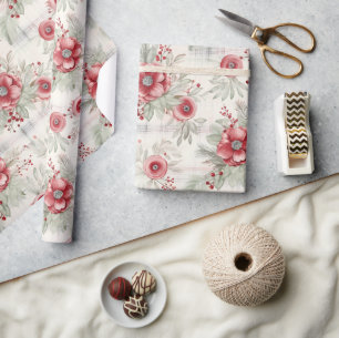 Vintage Shabby Chic Plaid Floral Berry Mix Wrapping Paper