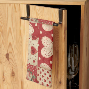 Vintage Shabby Chic Red Patchwork Pattern Tea Towel