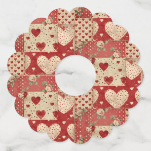 Vintage Shabby Chic Red Patchwork Pattern Wine Glass Tag