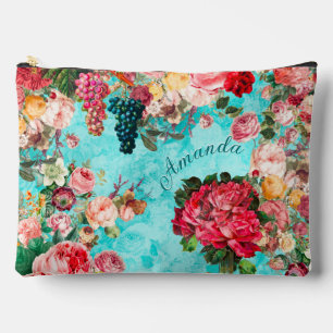 Vintage shabby chic roses and vase blue accessory pouch