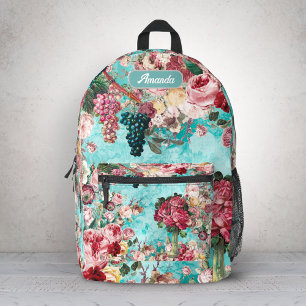 Vintage shabby chic roses and vase blue printed backpack