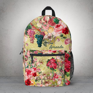 Vintage shabby chic roses and vase yellow printed backpack
