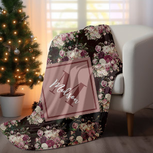 Vintage shabby chic roses black diamond pattern fleece blanket