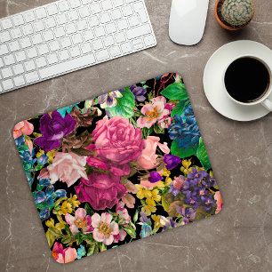Vintage shabby chic roses black pink pattern mouse mat