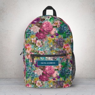Vintage shabby chic roses blue pink pattern printed backpack