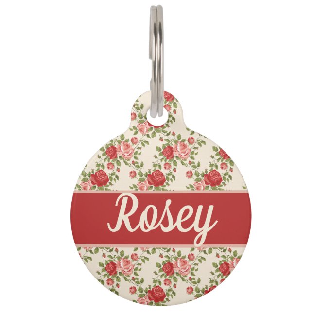 Vintage Shabby Chic Roses Pattern Personalised Pet Tag (Front)