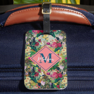 Vintage shabby chic roses yellow diamond pattern luggage tag