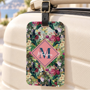 Vintage shabby chic roses yellow diamond pattern luggage tag