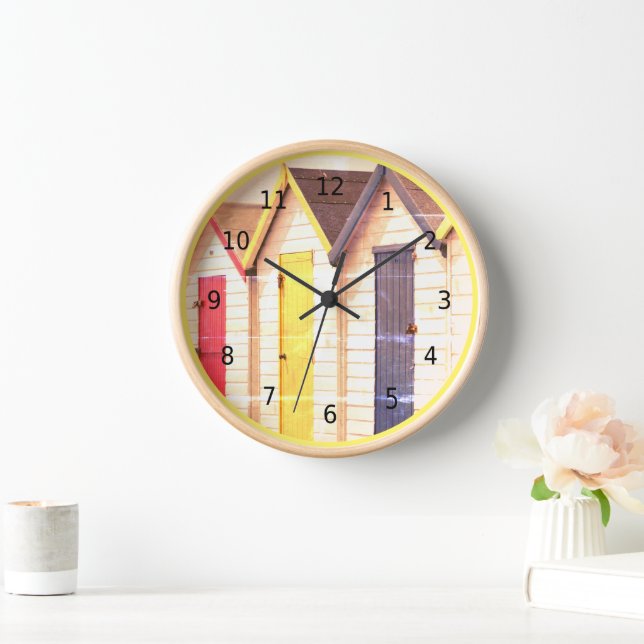 Vintage, shabby chic, seaside beach huts, yellow clock (Home)