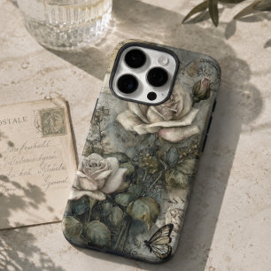 Vintage Shabby Chic White Rose and Butterfly iPhone 16 Pro Case