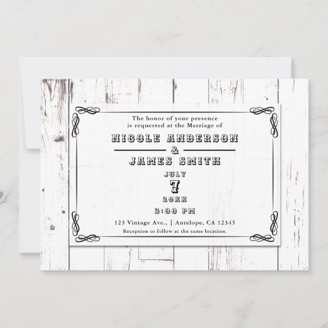 Vintage Shabby Chic White Wood Barn Wedding Invitation (Front)