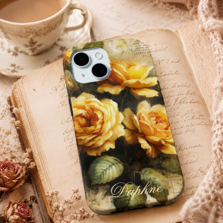 Vintage Shabby Chic Yellow Rose Custom Name iPhone 15 Case