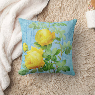 Vintage Shabby Chic Yellow Roses On Blue Cushion