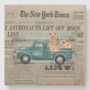 Vintage Shabby Chic Yorkie And Truck Ephemera Stone Coaster