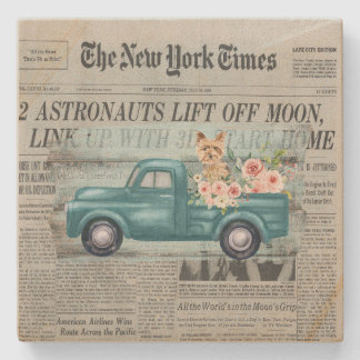 Vintage Shabby Chic Yorkie And Truck Ephemera  Stone Coaster