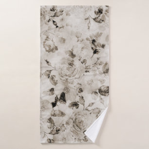 Vintage shabby elegant white grey roses floral bath towel