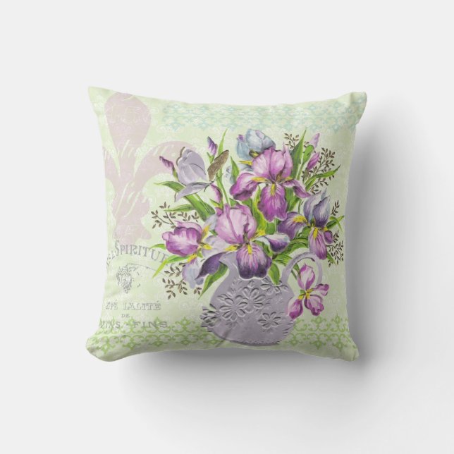 Vintage Shabby Purple Flowers Whimsical Green Cushion (Front)