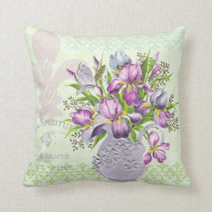 Vintage Shabby Purple Flowers Whimsical Green Cushion
